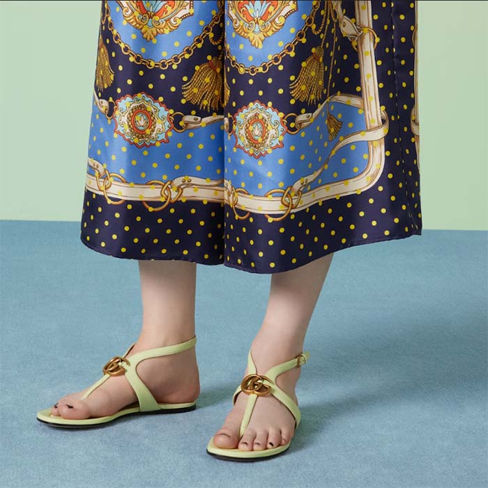 Gucci Women GG Double G Thong Sandal Light Green Leather Flat 0.5 CM Heel