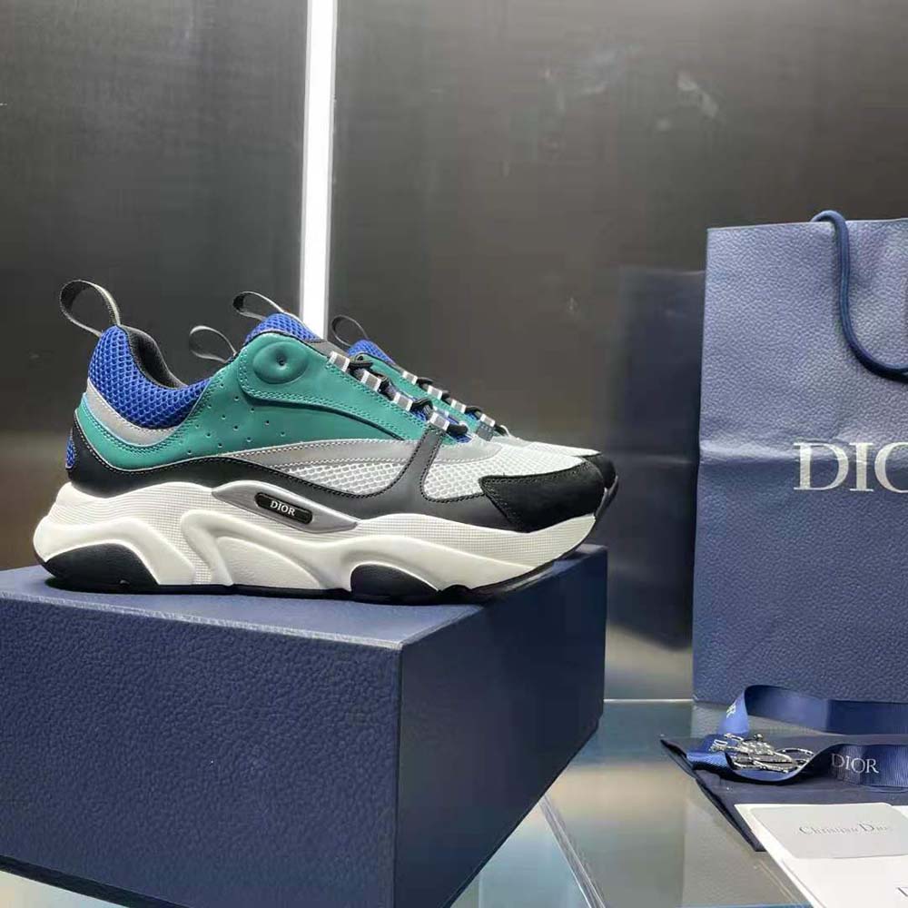 Dior Men B22 Sneaker White and Blue Technical Mesh with Deep Green and Black Smooth Calfskin