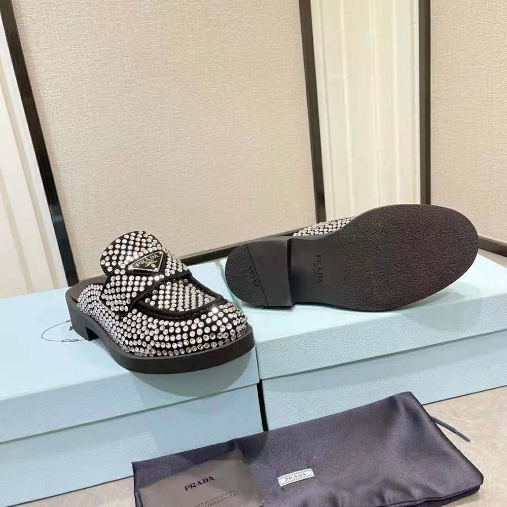 Prada Women Satin Mules with Crystals in 40mm Heel Height-Black