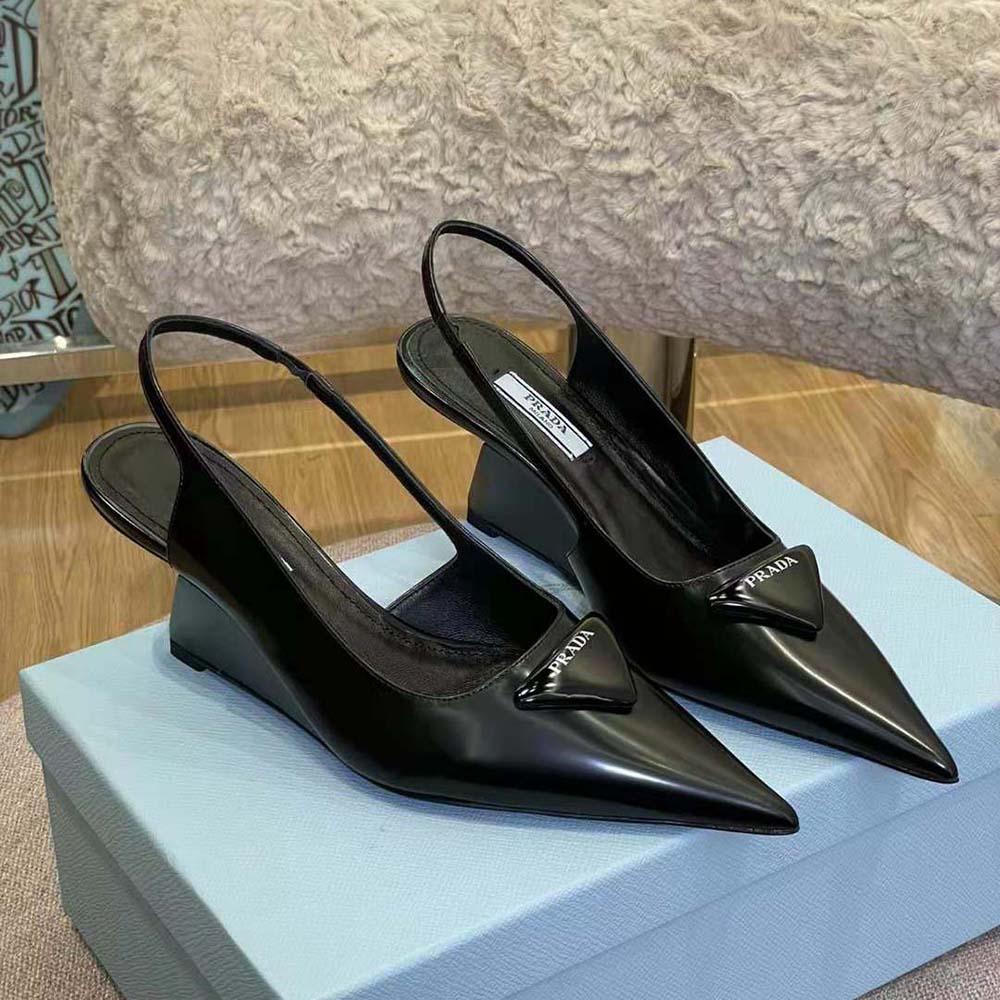 Prada Women Brushed Leather Slingback Pumps in 65mm Heel-Black