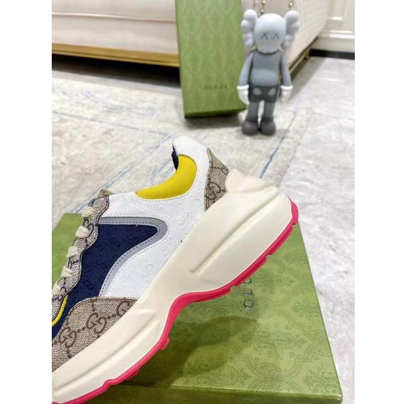 Gucci Unisex Rhyton Sneaker Beige White Blue GG Supreme Canvas Low Heel