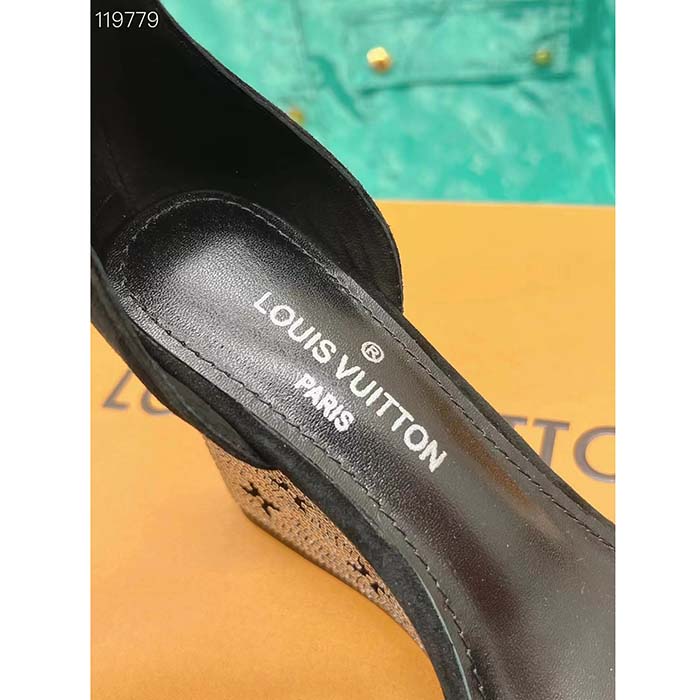 Louis Vuitton LV Women Appeal Wedge Sandal Black Suede Baby Goat Leather Strass
