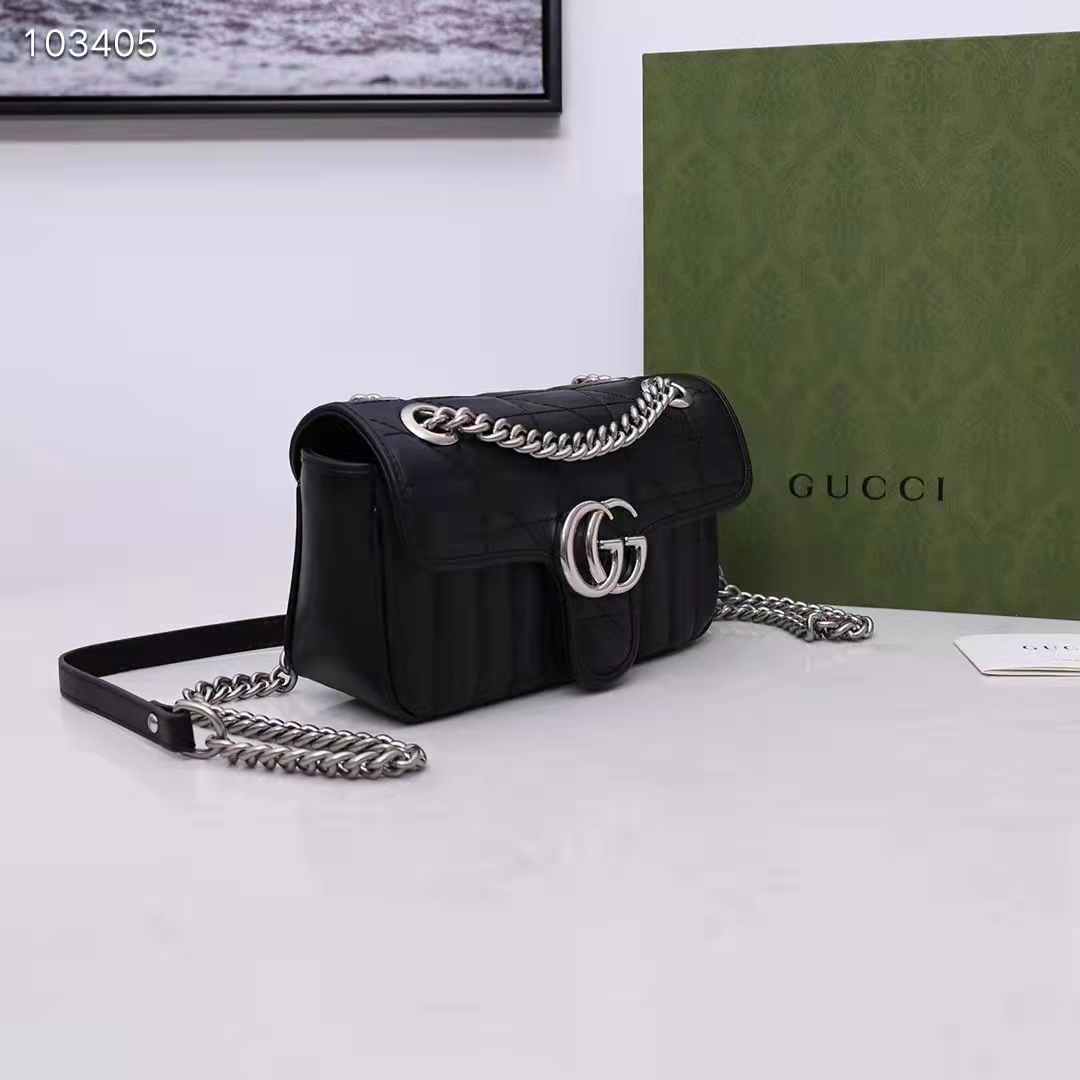 Gucci Women GG Marmont Mini Shoulder Bag Black Double G Matelassé Leather