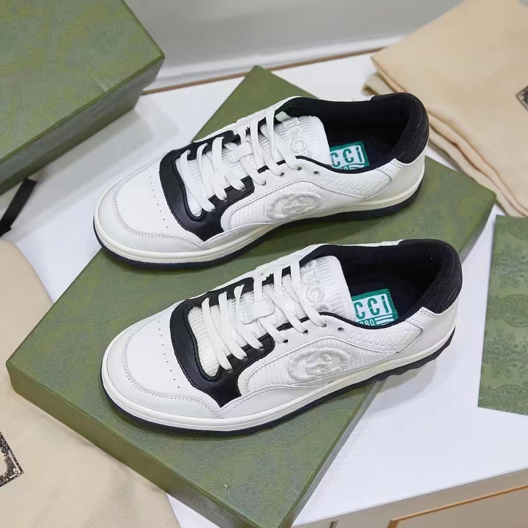 Gucci Unisex GG MAC80 Sneaker Off White Black Leather Round Toe Rubber Flat