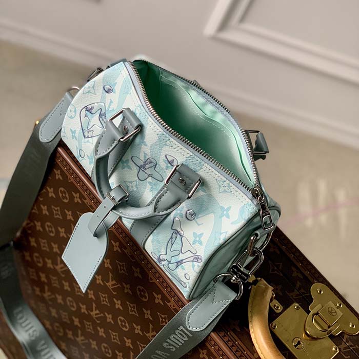 Louis Vuitton LV Unisex Keepall Bandoulière 25 Crystal Blue Monogram Aquagarden Coated Canvas