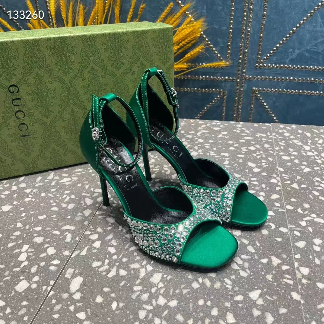 Gucci Women GG Mid-Heel Sandals Crystals Emerald Green Satin 11 CM Heel Double G