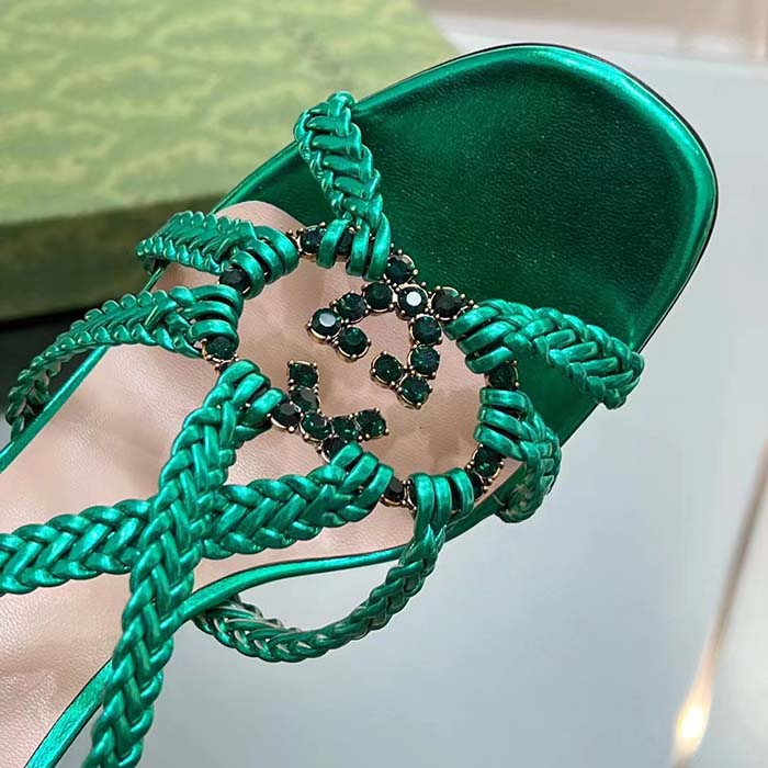 Gucci Women Crystal Interlocking G Sandal Green Metallic Braided Leather High Heel