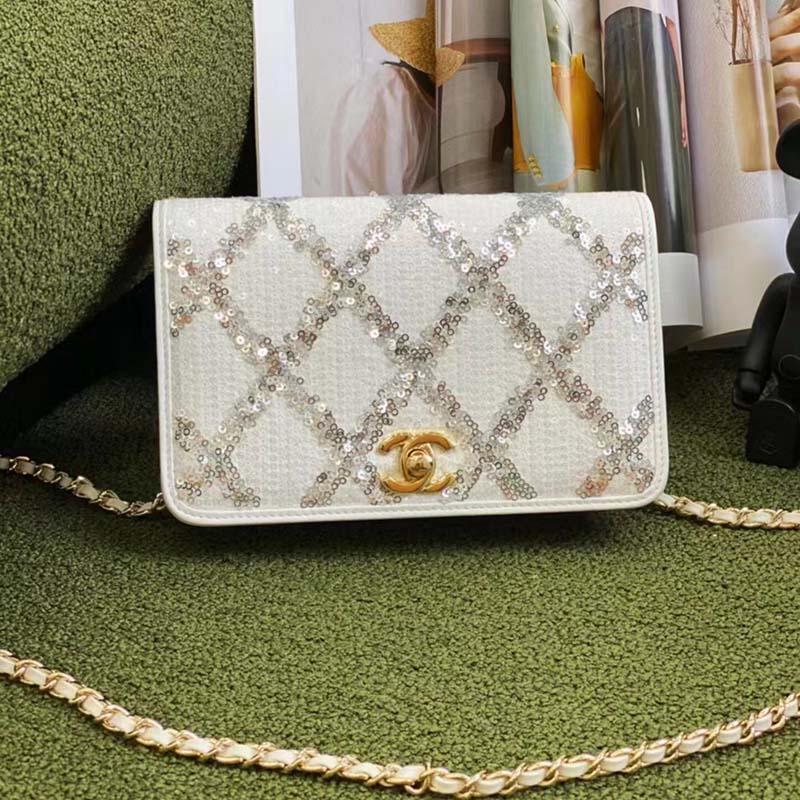 Chanel Women CC Wallet On Chain Embroidered Satin Sequins Gold-Tone Metal White Silver
