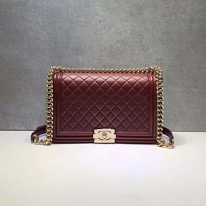 Chanel Women Large Leboy Flap Bag with Chain in Goatskin Leather-Maroon