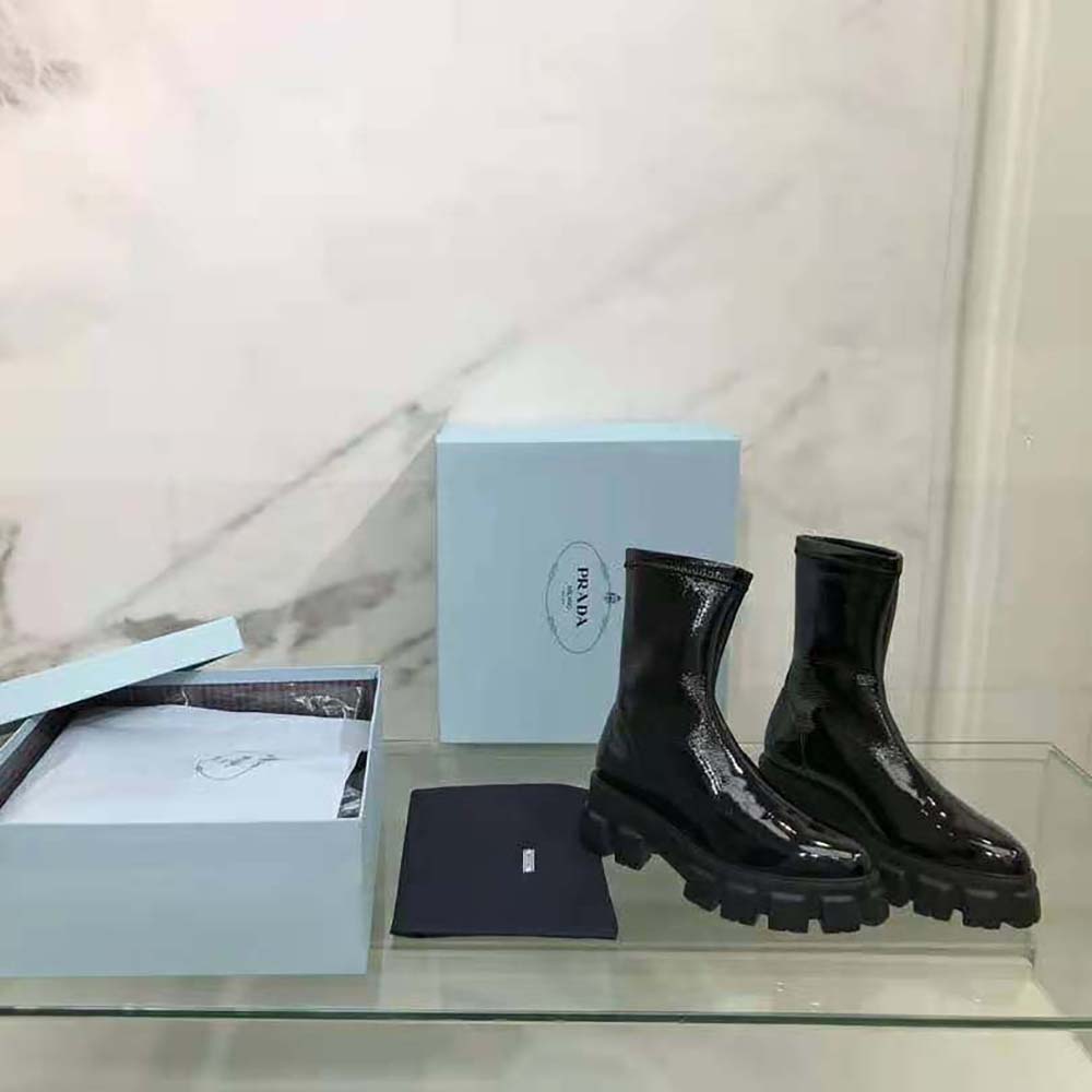 Prada Women Monolith Pointy Technical Patent Leather Booties