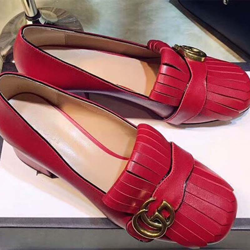 Gucci Women Shoes Leather Mid-Heel Pump 50mm Heel-Red