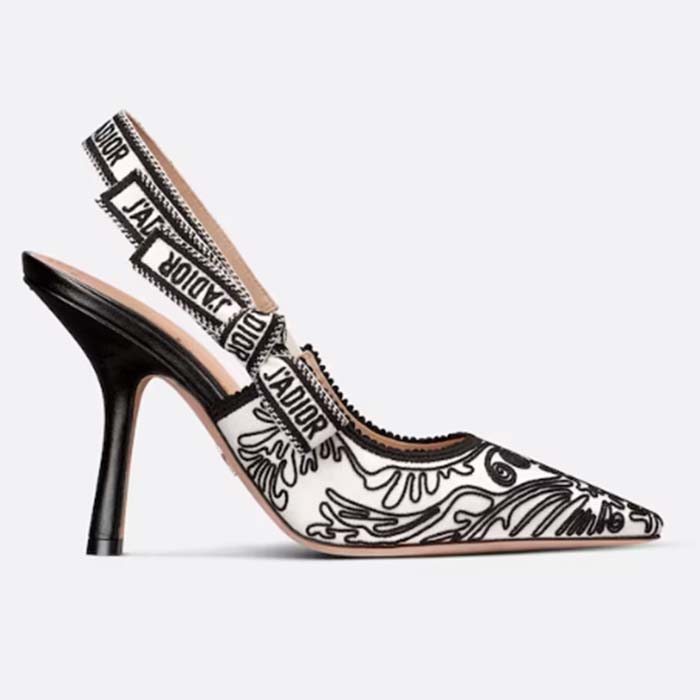 Dior Women CD J’Adior Slingback Pump Black White Ornamental Cotton Cornely Embroidery