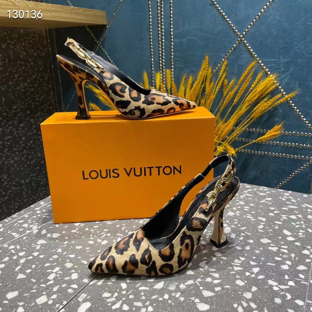 Louis Vuitton LV Women Sparkle Slingback Camel Brown Printed Satin Leather 9.5 Cm Heel