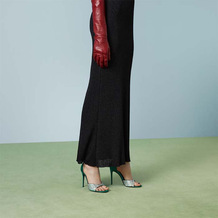 Gucci Women GG Mid-Heel Sandals Crystals Emerald Green Satin 11 CM Heel Double G