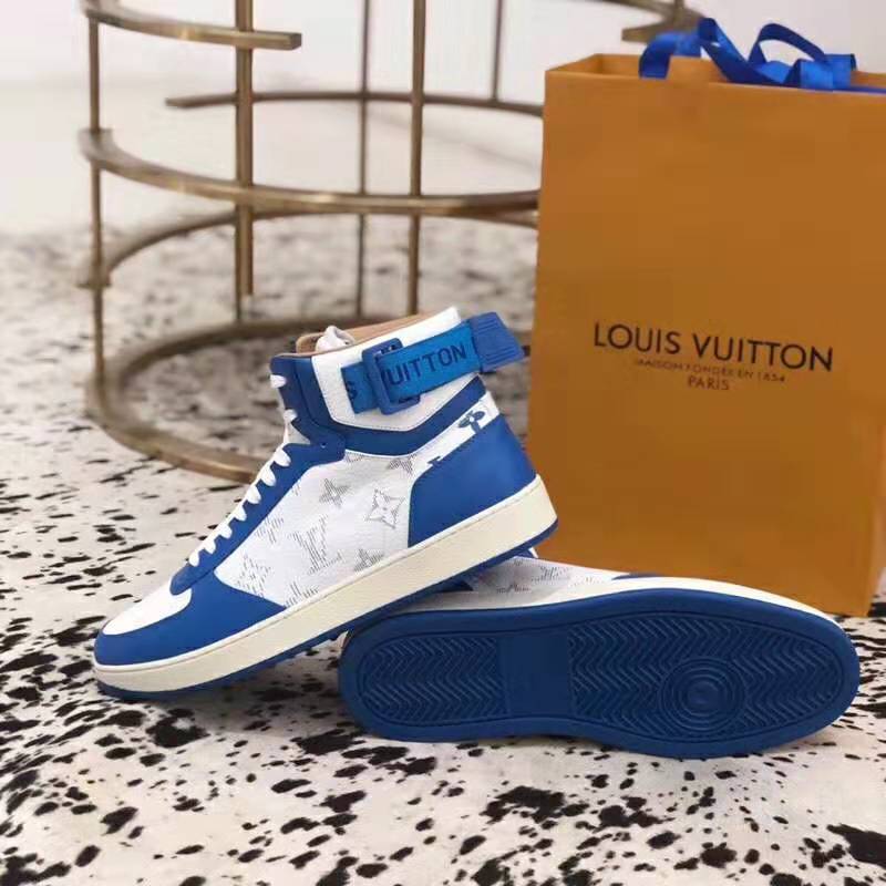 Louis Vuitton LV Unisex Rivoli Sneaker Boot in Monogram Grained Calf Leather-Blue