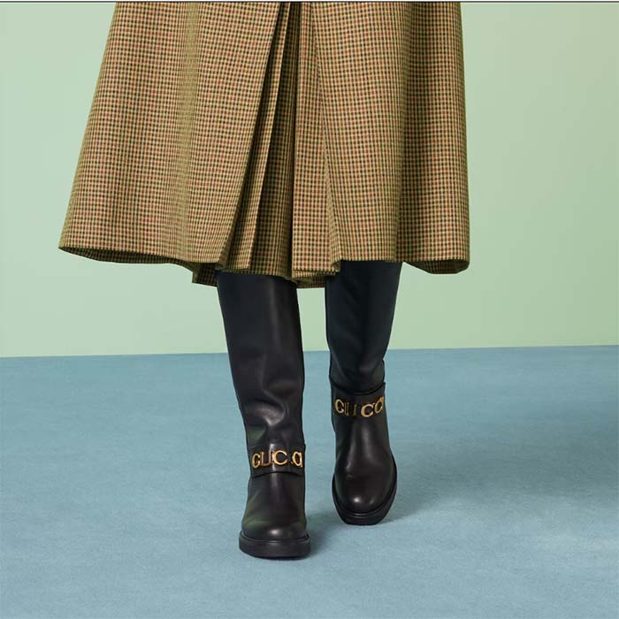 Gucci Women GG Gucci Boot Black Leather Rubber Sole Side Zip Closure Flat 2.3 CM Heel