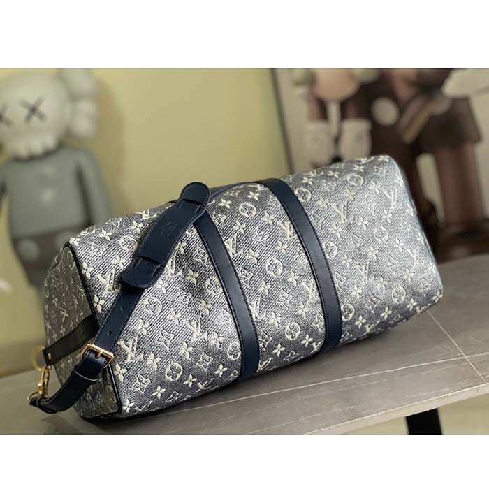 Louis Vuitton LV Unisex Keepall Bandoulière 45 Blue Monoglam Coated Canvas Cowhide Leather