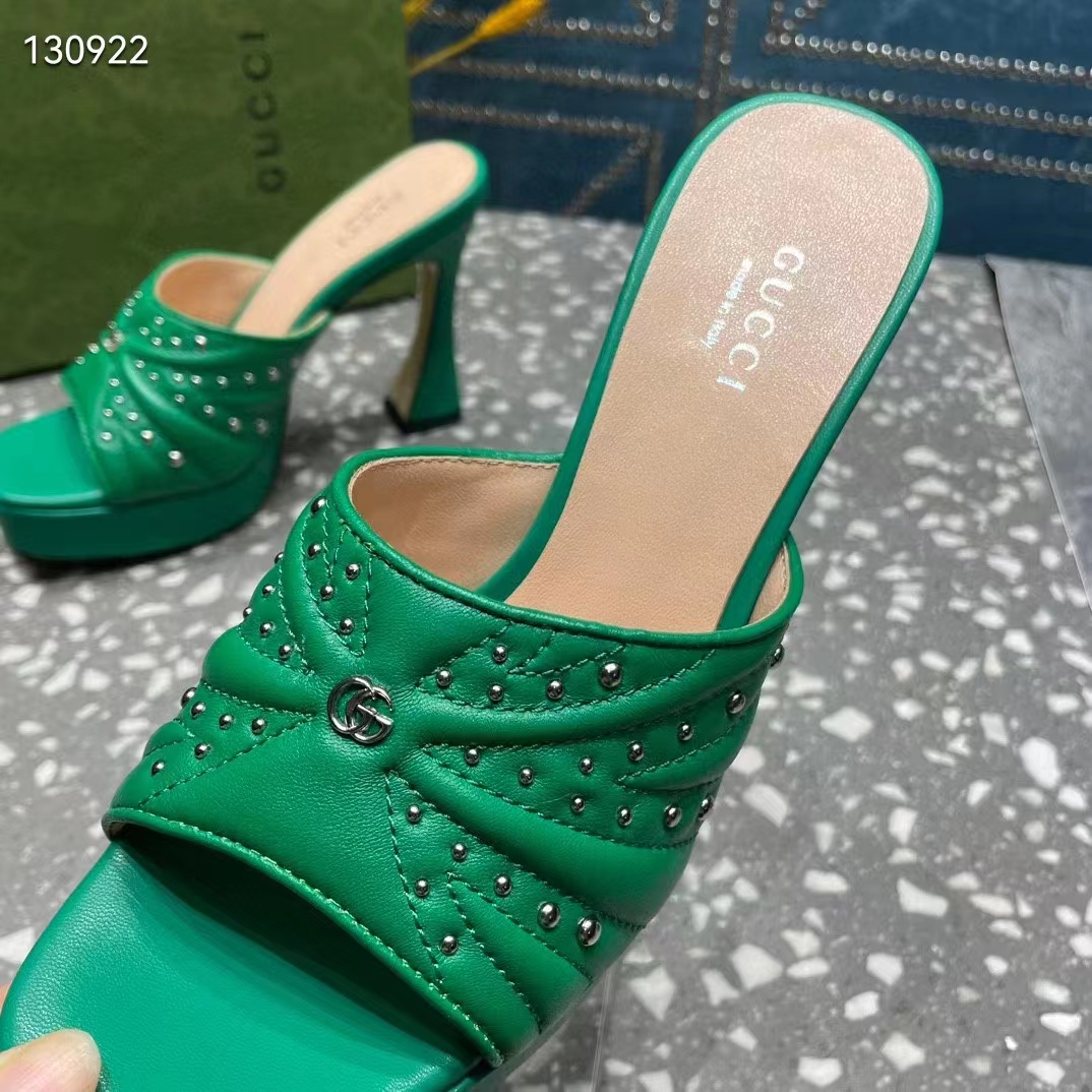 Gucci Women Heeled Slide Sandals Green Leather Studs Spool High 15 Cm Heel