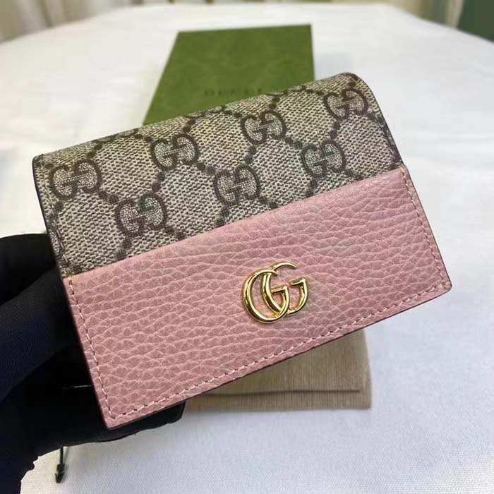 Gucci Women GG Marmont Card Case Wallet Pink Double G Beige Ebony Supreme Canvas
