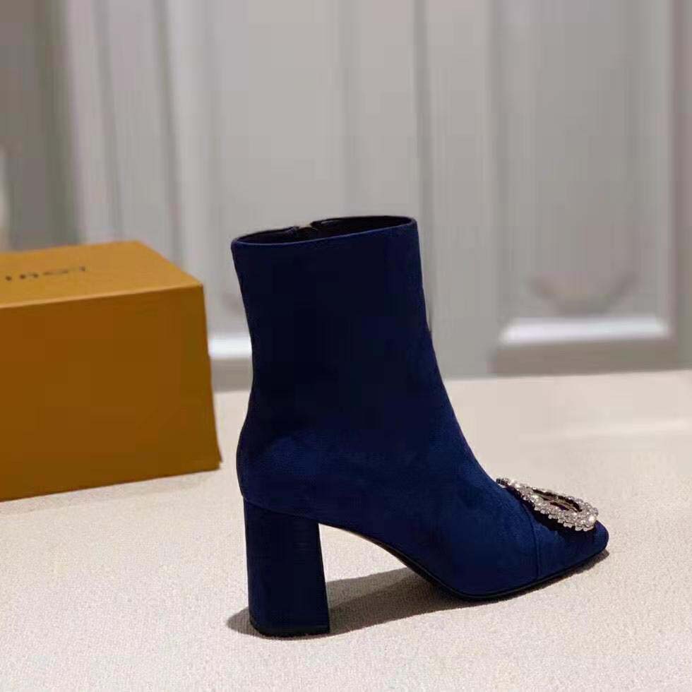 Louis Vuitton LV Women Madeleine Ankle Boot in Suede Baby Goat Leather 7.5 cm Heel-Blue