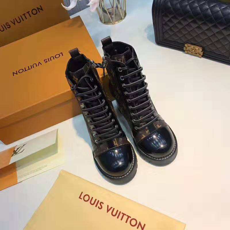 Louis Vuitton LV Women Star Trail Ankle Boot in Black Calf Leather with Monogram Canvas-Brown