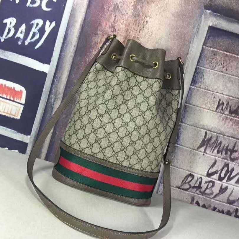 Gucci GG Women Ophidia GG Bucket Bag in Beige and Ebony GG Supreme Canvas
