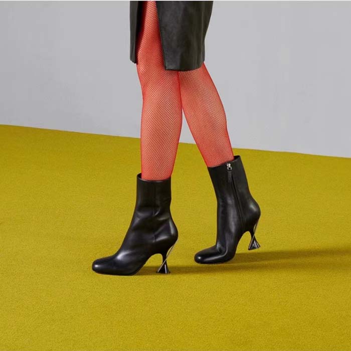 Gucci Women GG Ankle Boot Black Leather Geometric Heel Metal Inserts High-Heel