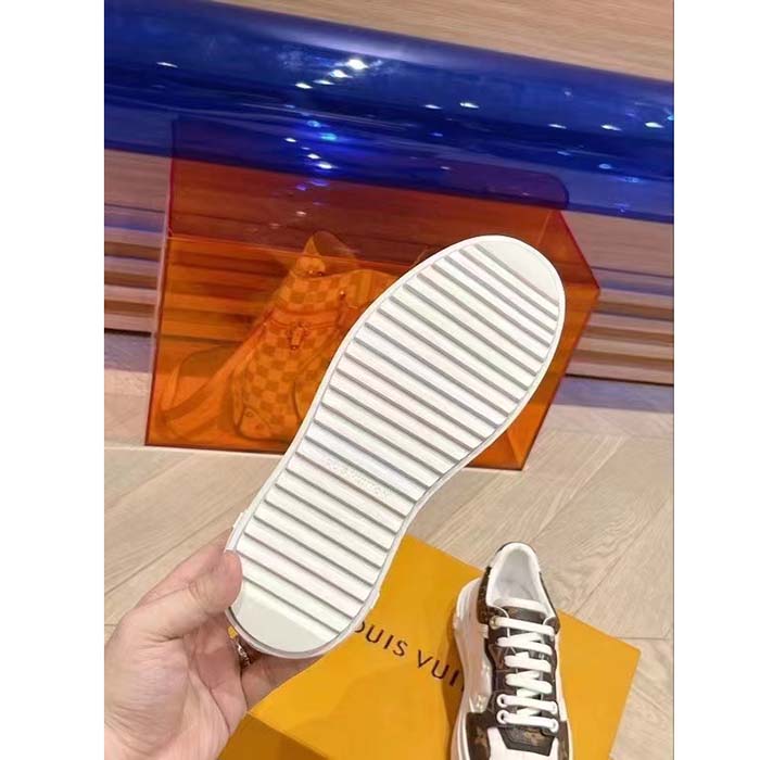 Louis Vuitton Unisex LV Time Out Sneaker White Calf Leather Patent Monogram Canvas