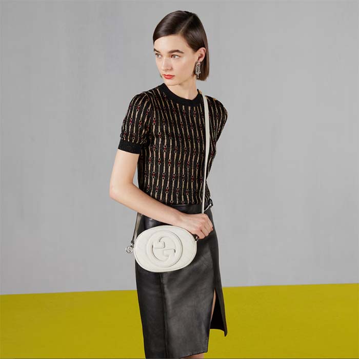 Gucci Women GG Blondie Mini Shoulder Bag White Leather Round Interlocking G Patch