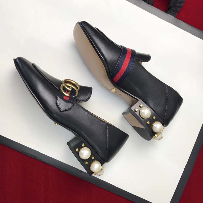 Gucci Women Leather Mid-Heel Loafer with Blue and Red Web-Black
