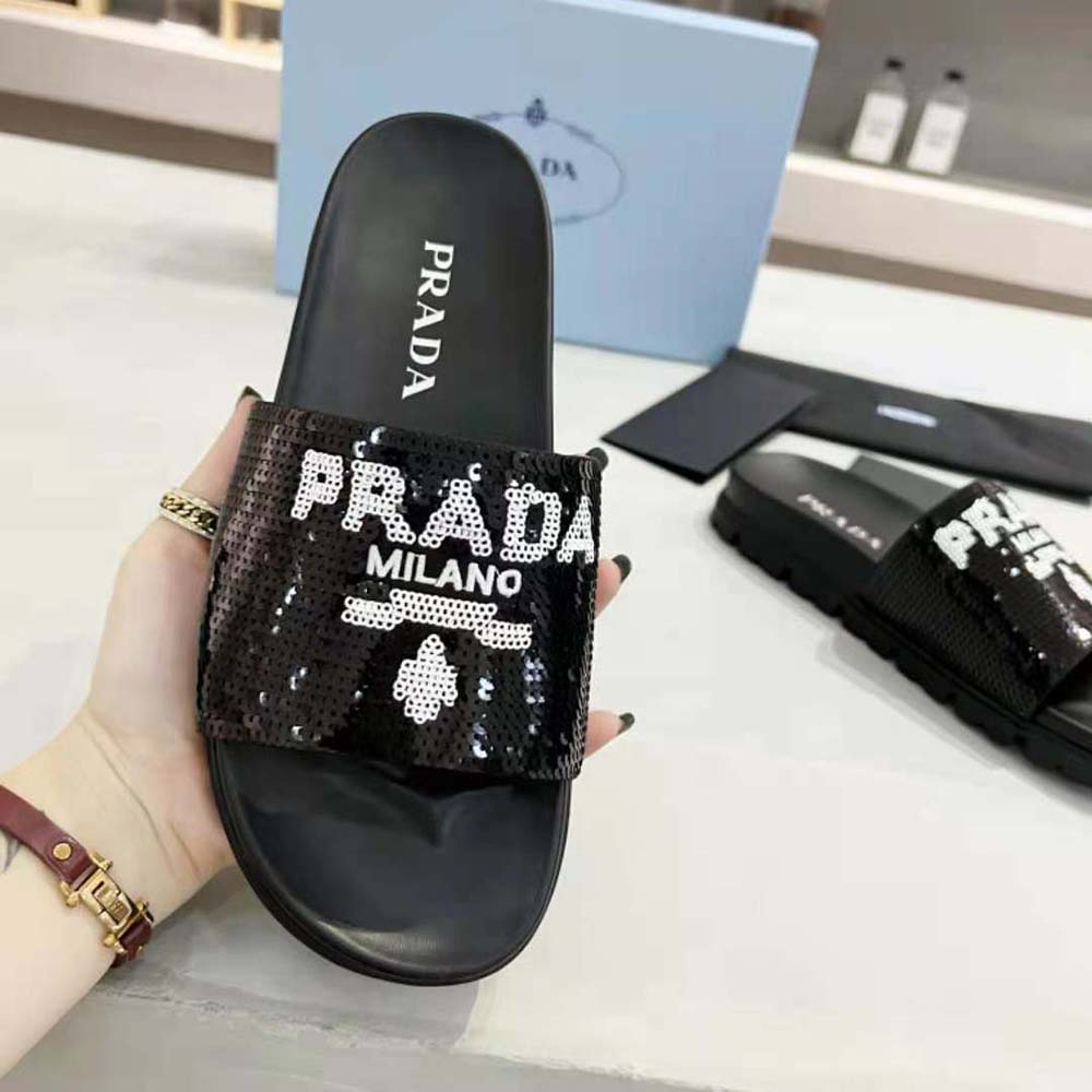 Prada Women Sequin Slides with Rubber Lug Sole are Covered All Over with Embroidered Sequins