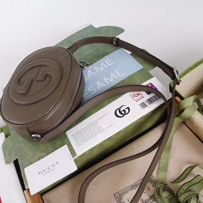 Gucci Women GG Blondie Mini Shoulder Bag Brown Leather Round Interlocking G Patch