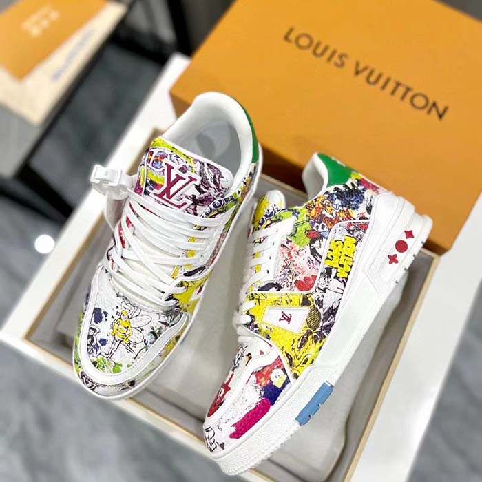 Louis Vuitton Unisex LV Trainer Sneaker White Printed Canvas Rubber Outsole Initials
