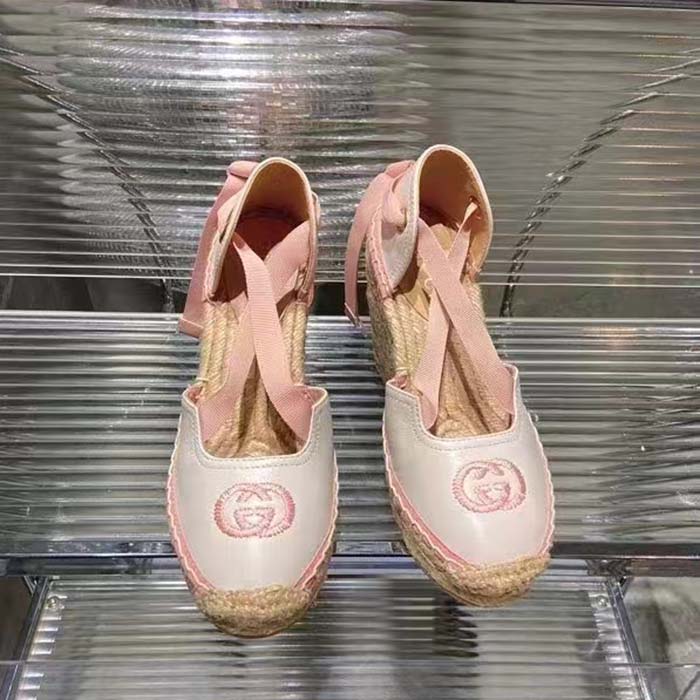 Gucci Women Espadrille Ribbon Tie Interlocking G Embroidery White Cotton Canvas Peep Toe