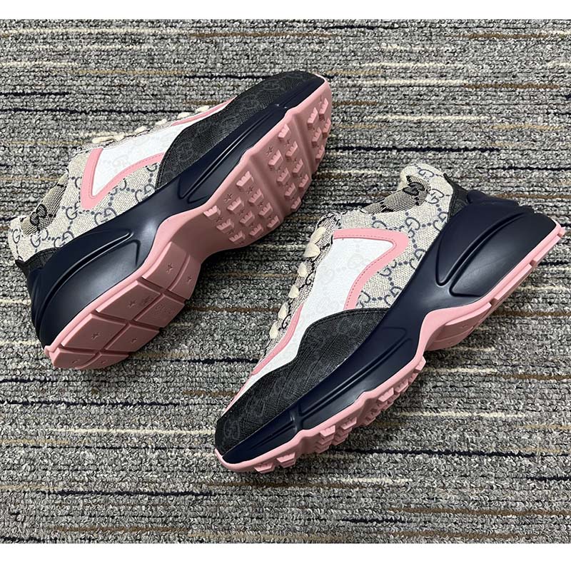 Gucci Unisex Rhyton Sneaker Beige Blue GG Supreme Canvas Rubber Sole Mid Heel