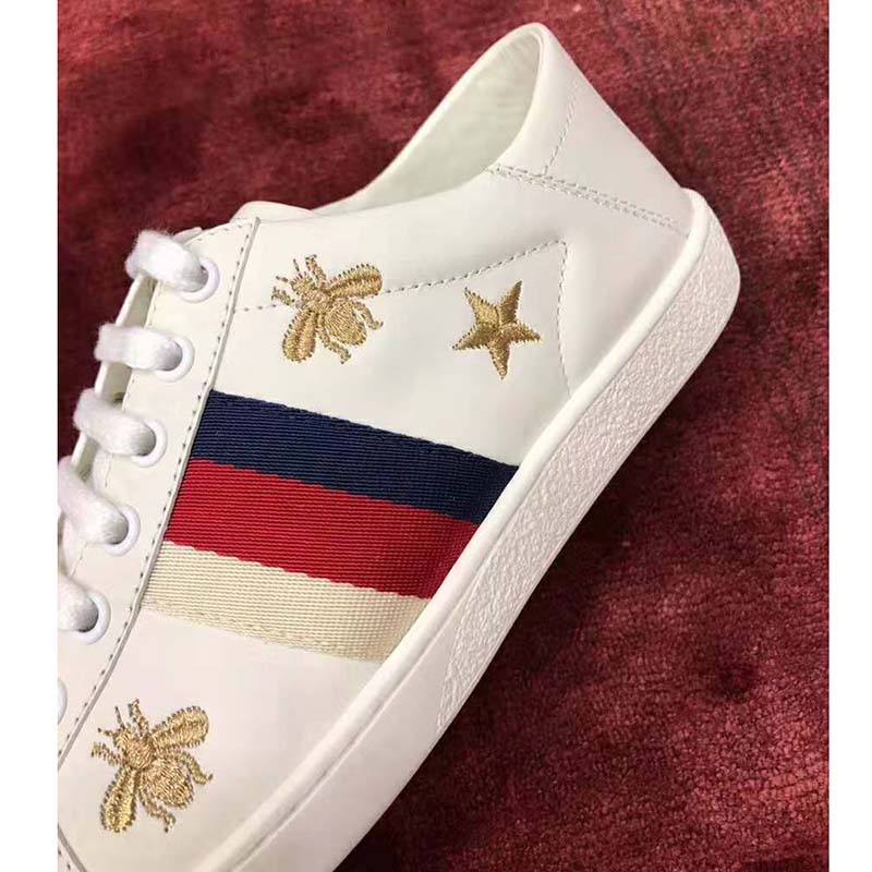 Gucci Women’s Ace Embroidered Sneaker in White Leather with Bees and Stars
