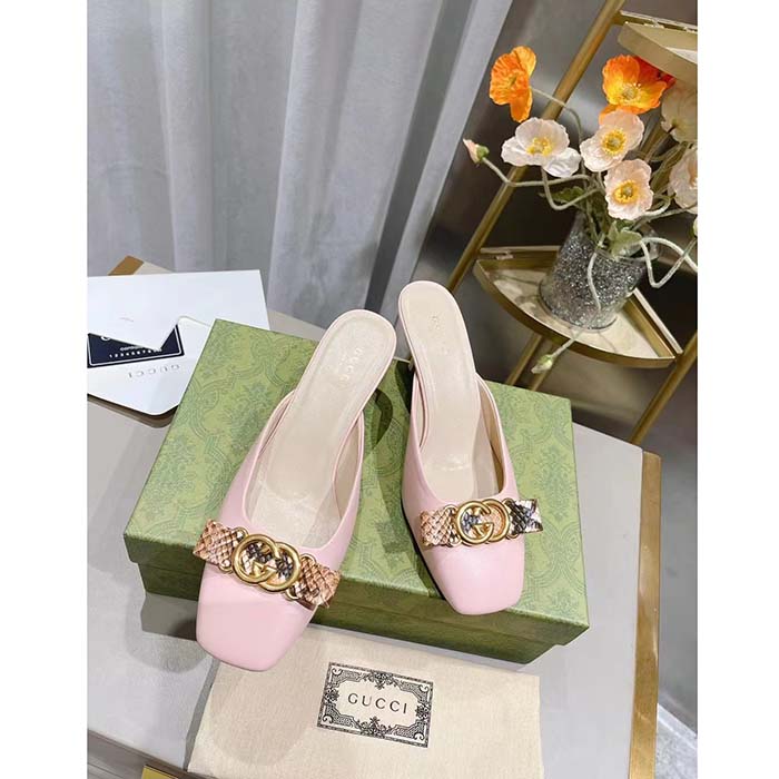 Gucci Women GG Interlocking G Mule Pink Leather Square Toe Leather Mid-Heel