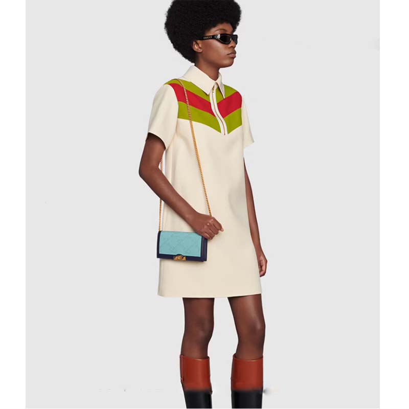 Gucci Women GG Wallet Chain Light Blue GG Leather Dark Blue Double G