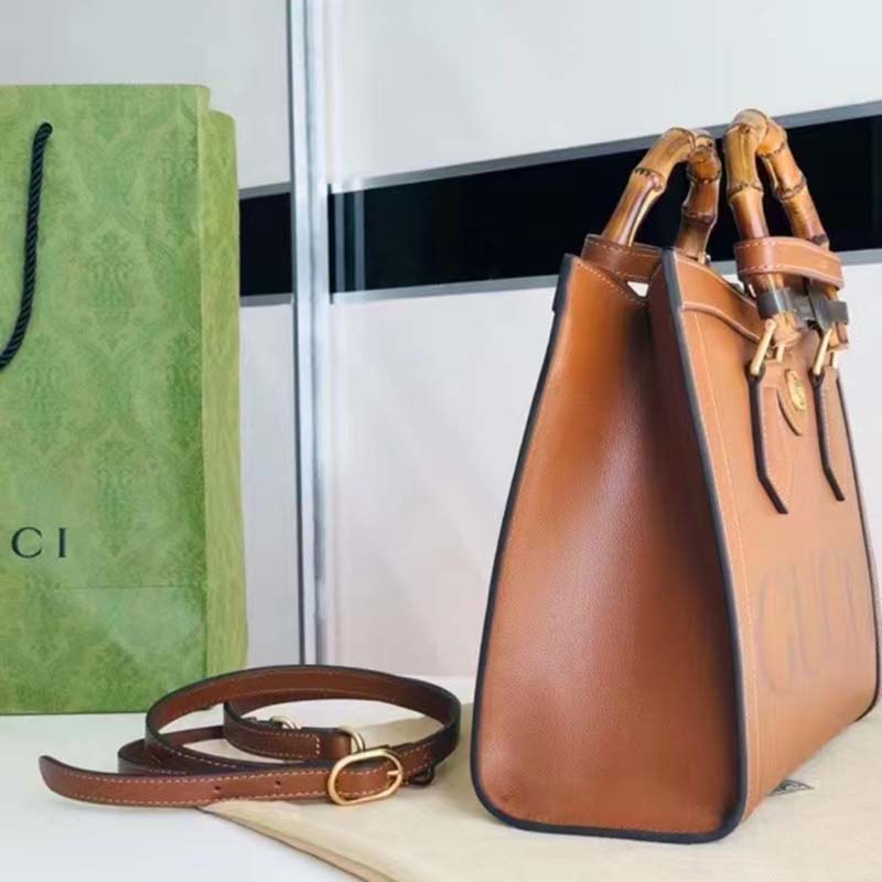 Gucci Women GG Diana Small Tote Bag Double G Brown Leather