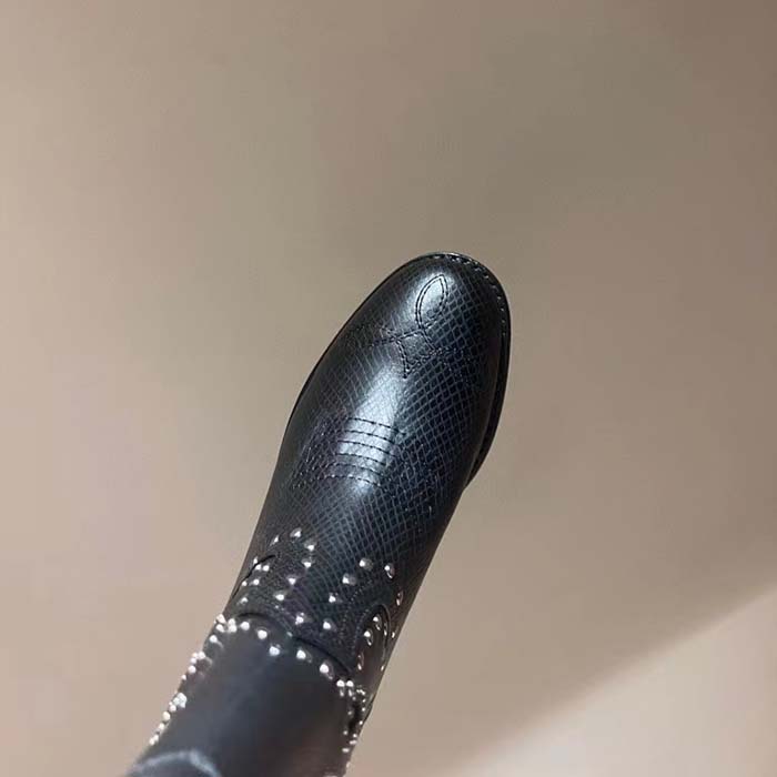 Gucci Women GG Boot Double G Embroidery Studs Black Leather Low 3.6 CM Heel