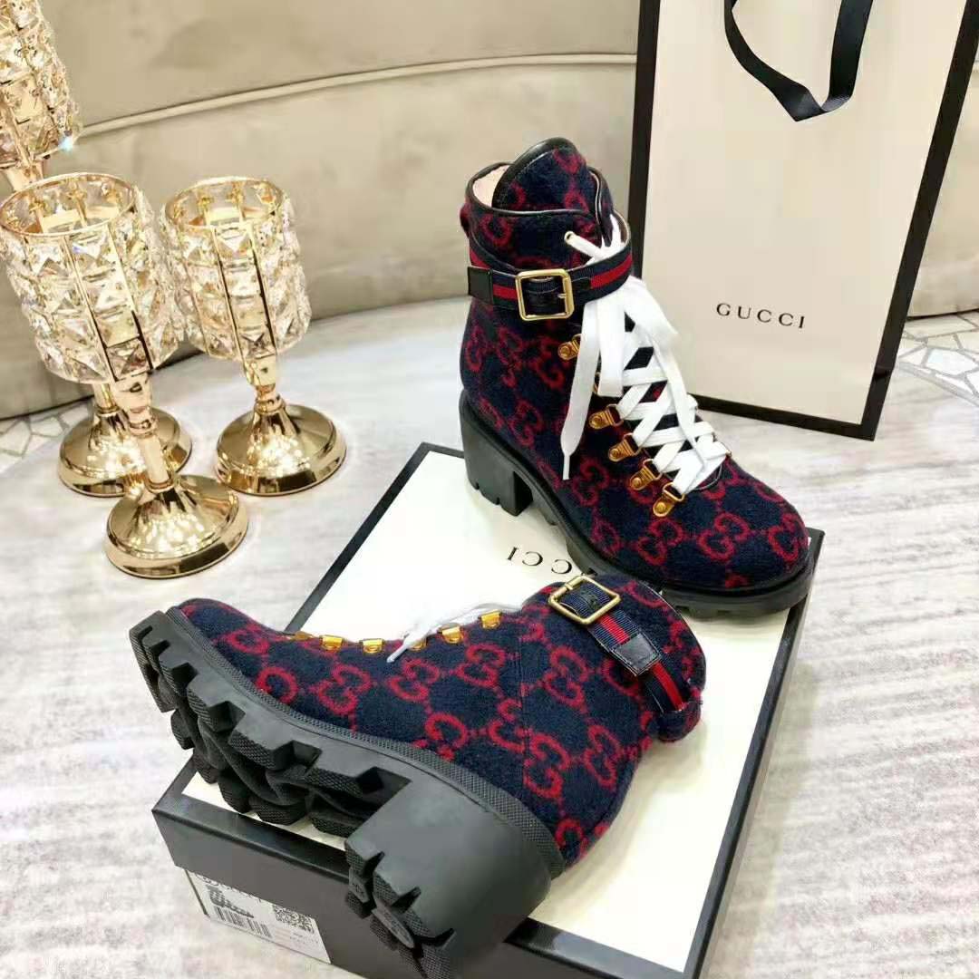 Gucci Women Gucci Zumi GG Wool Ankle Boot in Blue and Red GG Wool