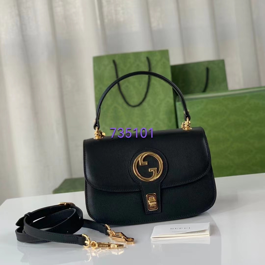 Gucci Women GG Blondie Small Top Handle Bag Black Leather Round Interlocking G