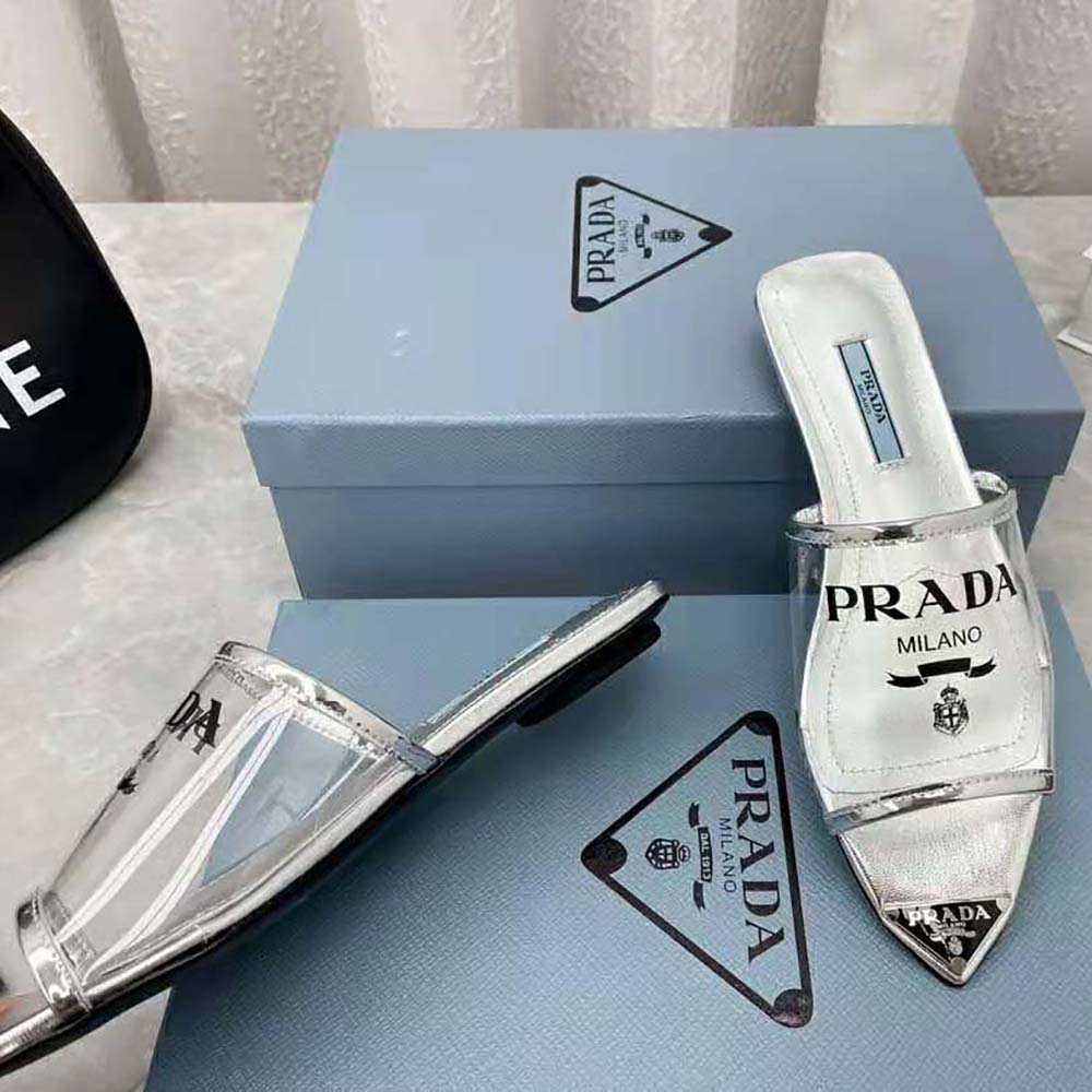 Prada Women Logo-Print Plexiglas Slides-Silver