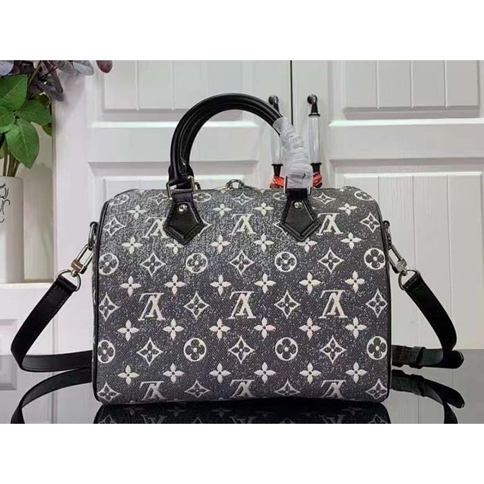 Louis Vuitton LV Women Speedy Bandoulière 25 Handbag Gray Denim Textile Jacquard