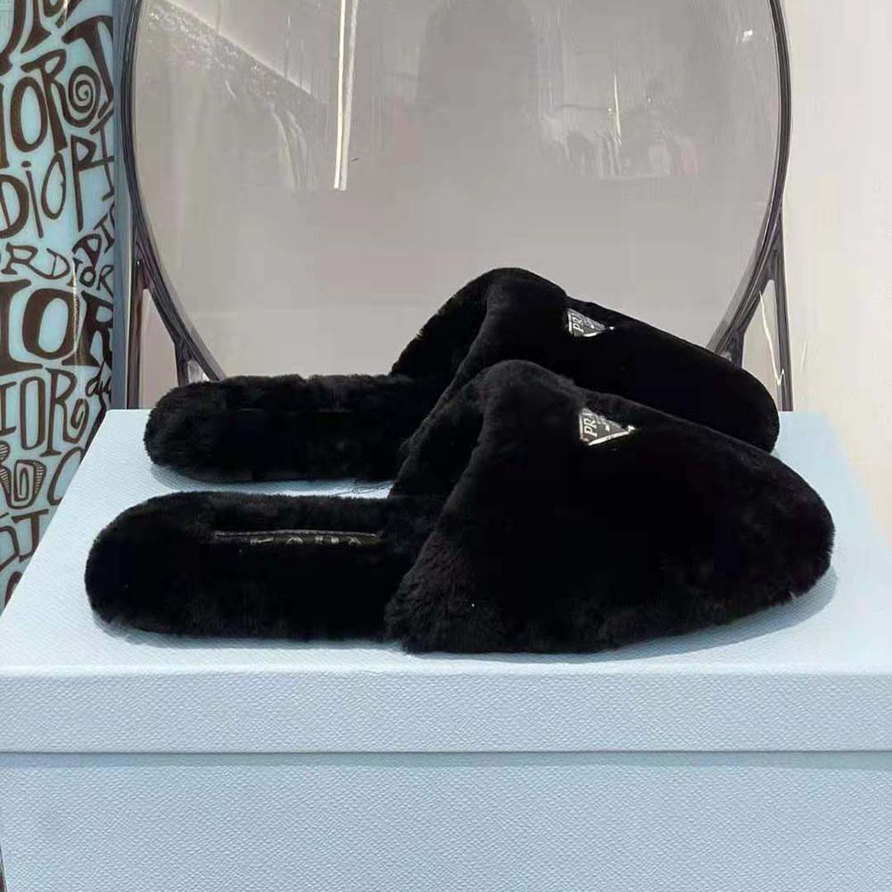 Prada Women Enameled Triangle Logo Accentuates Shearling Sabots