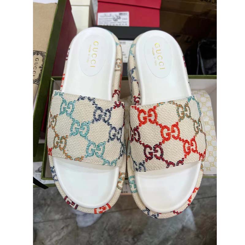 Gucci Unisex Platform Slide Sandal Multicolor GG Linen Fabric Mid 6 Cm Heel