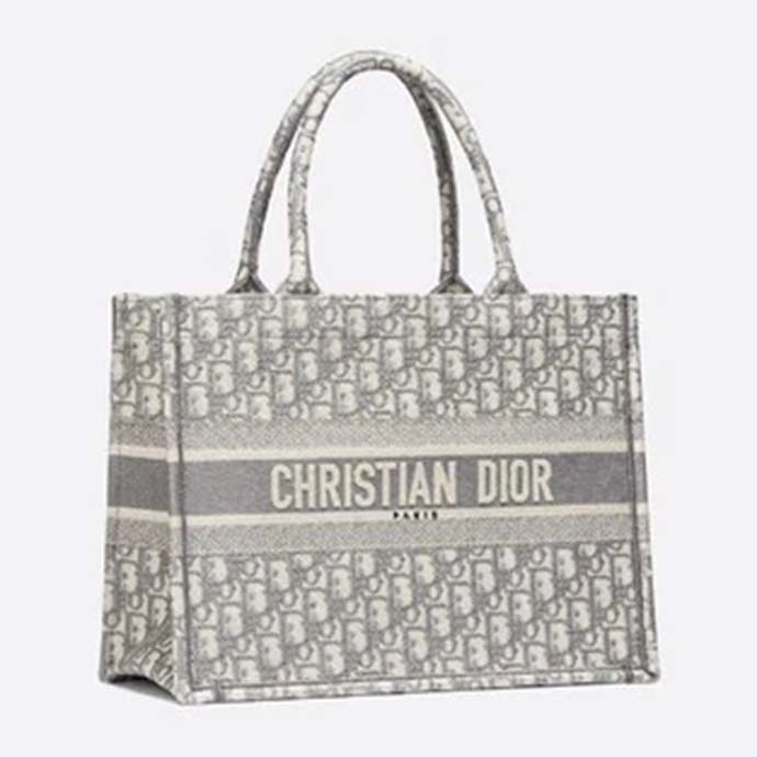 Dior Women Small Dior Book Tote Gray Dior Oblique Embroidery