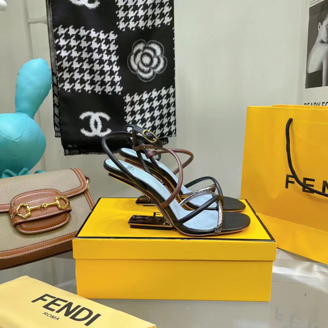 Fendi Women FF First Brown Nappa Leather High-Heeled Sandals 9.5 cm Heel