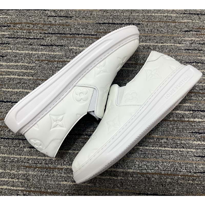 Louis Vuitton LV Unisex Beverly Hills Slip-On Sneaker White Monogram Embossed Calf Leather