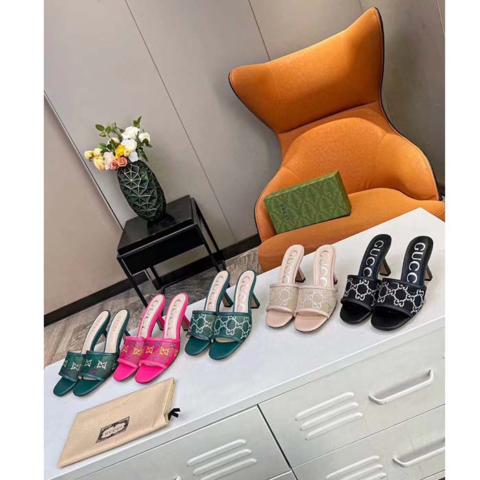 Gucci Women GG Mid Heel Slide Sandal Fuchsia GG Crystal Mesh 7.4 CM Heel